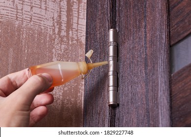 adjusting door hinge using lubricating oil. indoors. fixing door squealed domestic problem.