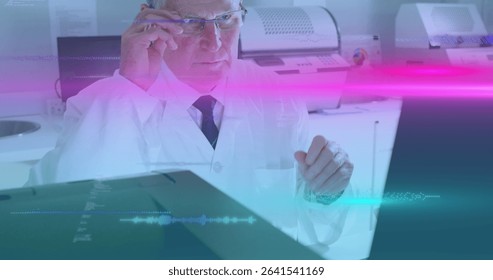 Adjusting eyeglasses researcher interpreting waveforms behind digital display in lab, with printers. Scientist, innovation, futuristic, technology, science, research, analysis - Powered by Shutterstock - Get 15% off with code: PIKWIZARD15