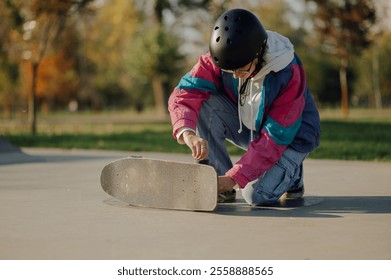 Adjusting skateboard trucks at golden hour in vibrant skate park, showcasing passion and skill in urban setting - Powered by Shutterstock