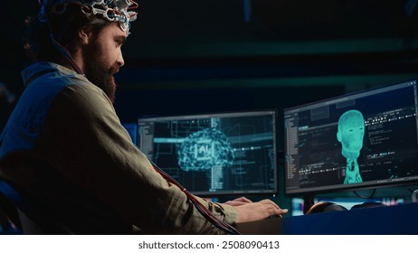 IT admin coding and using EEG headset to upload brain into computer, gaining immortality. Neuroscientist engineering transhumanism experiment, inserting consciousness into cyberspace, camera B