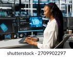 Admin in data center provides user technical support, fixing network errors affecting operations. Server hub worker talking in headset mic, managing live support calls, assisting clients