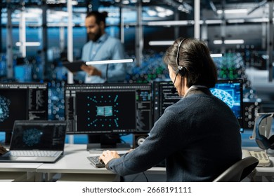 Admin in data center speaks in headset mic, troubleshooting rigs connectivity issues using AI. IT expert doing tech support in server hub, talking in remote call, auditing systems for vulnerabilities