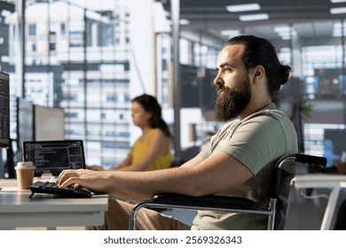 Admin with disability in inclusive workspace utilizing cloud computing resources and platforms to train machine learning models. Person with paraplegia monitoring and maintaining company systems