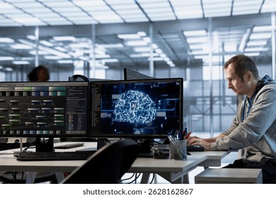Admin fixing computer crashes affecting server room AI workloads, typing on keyboard. Artificial intelligence employee trying to repair data center systems after network failure