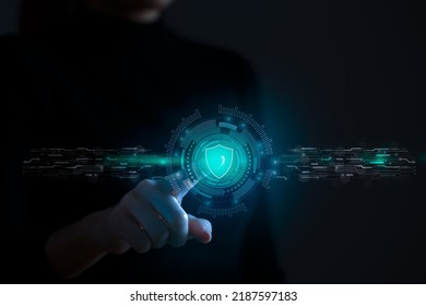 Admin hand touch protective shield on the virtual screen. Concept of internet attack prevention, data protection, corporate security, cyber defense technology.
