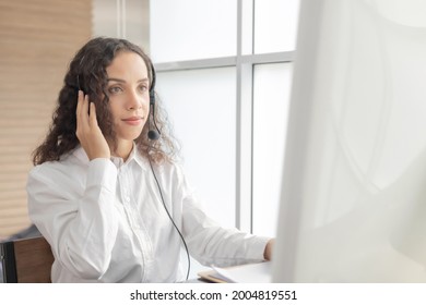 Admin. Happy Young Caucasian Female Call Center Customer Support Executive With Headset Working In Office, Education Online, Customer Support Service, Call Center, Phone Operator, Video Call Concept