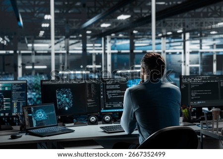 Admin in high tech data center troubleshooting server connectivity issues using AI. IT expert in server farm auditing systems for vulnerabilities using artificial intelligence