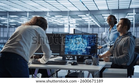 Admin panicking after computer crash affecting server room AI workloads, spamming keyboard keys. Artificial intelligence employee struggling to repair data center systems after network failure, camera