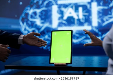 Admin running AI cognitive computing tech on chroma key tablet to simulate computerized model. Close up of isolated screen device used by IT professional to do data mining with artificial intelligence