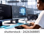 Admin in server farm using artificial intelligence technology for increased productivity in startup company. Machine learning expert in data center implementing AI driven solutions
