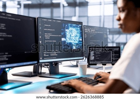 Admin in server farm using artificial intelligence technology for increased productivity in startup company. Machine learning expert in data center implementing AI driven solutions