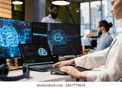 Admin using devices to adjust neural networks algorithms parameters, automating workflow. Tech company worker using artificial intelligence insights for code optimization in office
