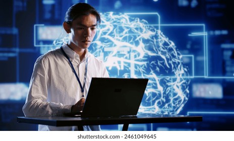 Admin using laptop to visualize artificial intelligence neural networks made up of interconnected nodes using augmented reality technology. Supervisor oversees AI systems processing information