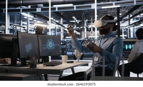 Admin using VR headset in data center to update server tech, configuring equipment using software tools. Server farm employee reviewing hardware analytics using virtual reality, camera A - Powered by Shutterstock - Get 15% off with code: PIKWIZARD15