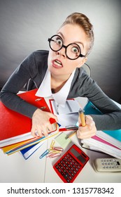 Administration Employment Bureau Clerk Corporation Concept. Young Woman Performing Paperwork. Workaholic Lady Doing Job In Office.