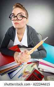 Administration Employment Bureau Clerk Corporation Concept. Young Woman Performing Paperwork. Workaholic Lady Doing Job In Office.