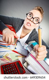 Administration Employment Bureau Clerk Corporation Concept. Young Woman Performing Paperwork. Workaholic Lady Doing Job In Office.