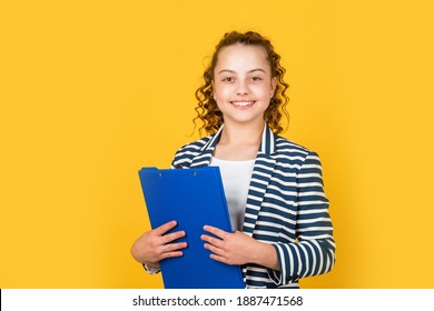 Administrative. Coordinator and project management. Library assistant. Happy girl hold library folder. School library. Knowledge and information. Student teen formal style. Education concept.