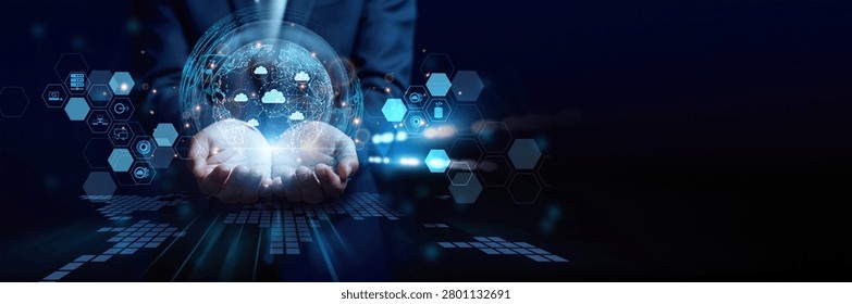 IT administrator holding server interface. Hosting provides secure servers and infrastructure to run websites, applications, and digital platforms.