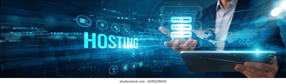 Administrator using tablet analyzing hosting server data uptime, bandwidth automation performance integration monitoring security scalability optimization.