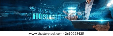Administrator using tablet analyzing hosting server data uptime, bandwidth automation performance integration monitoring security scalability optimization.