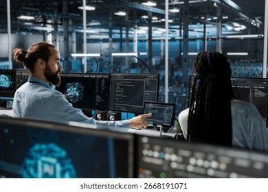 Admins in high tech data center installing upgraded server racks systems helped by AI technology. Server room IT specialists upgrading enterprise networks gear using artificial intelligence