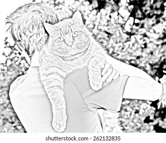 Adolescent boy holding cat over his shoulder walking away  Cat resigned to being carted around  Sketch image black   white 
