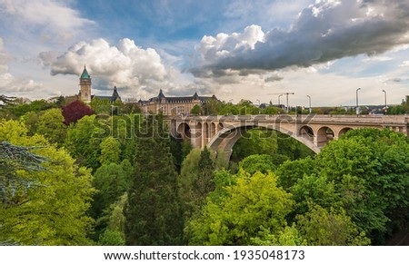 Adolphe Bridge in Luxembourg  during the summer. The iconic arch bridge has been serving the city state since 1903.