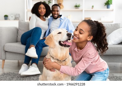 Adopt An Animal. Closeup portrait of cheerful African American girl embracing her labrador from shelter, spending time with parents in living room at home, man and woman sitting on the sofa - Powered by Shutterstock