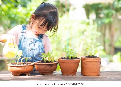 Adorable 3 Years Old Asian Little Girl Is Watering The Plant  In The Pots In The Garden Outside The House, Concept Of Plant Growing Learning Activity For Preschool Kid. And Child Education Of Nature.