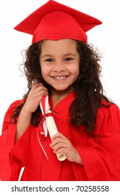 Adorable 4 Year Old Hispanic African American Mixed Girl In Red Graduation Cap And Gown With Certificate Diploma Over White.