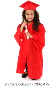 Adorable 4 Year Old Hispanic African American Mixed Girl In Red Graduation Cap And Gown With Certificate Diploma Over White.