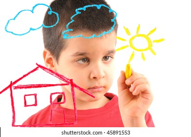 Adorable 6 Years Old Boy Painting A House On Glass. White Background High Resolution Studio Image.