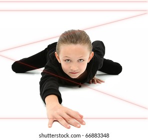 Adorable 7 Year Old Girl Dressed As Spy Crawling Through Red Laser Beams Over White Background.