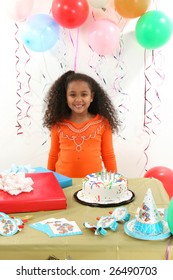 Adorable 8 Year Old African American Girl At Birthday Party.