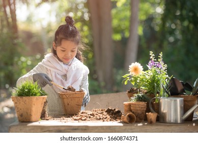Adorable Asian Little Girl Is Planting Spring Flowers Tree In Pots In Garden Outside House, Child Education Of Nature. Caring For New Life. Earth Day Holiday Concept. World Environment Day. Ecology.