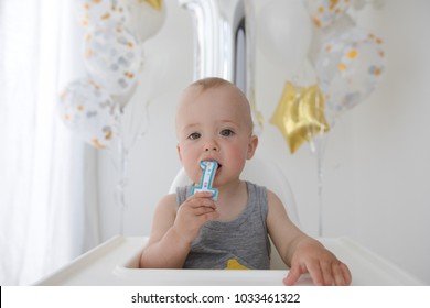 Adorable Baby Boy Celebrating First Birthday . Kids Birthday Party Decorated With Balloons Child Eating Cake And Candy.