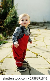 Adorable Baby Boy One Year Old In Red Waterproof Trousers Walking Outside On Sunny Spring Day