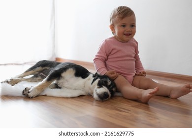 Adorable Baby And Cute Dog On Faux Fur Rug Indoors