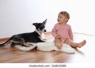 Adorable Baby And Cute Dog On Faux Fur Rug Indoors