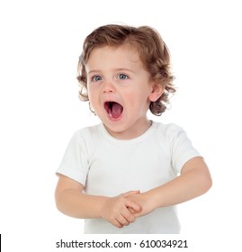 Adorable baby learning to speak isolated on a white background