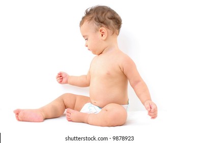 Adorable Baby Sit Down On White Background .