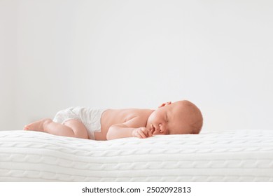 Adorable baby in white sunny bedroom. Newborn child relaxing in bed. Nursery for young children. Textile and bedding for kids. Family morning at home. New born kid during tummy time with toy bear. - Powered by Shutterstock