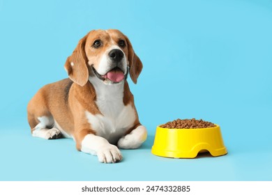 Adorable Beagle dog lying with bowl of dry food on blue background