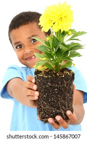 Adorable Black Boy Child Holding Plant