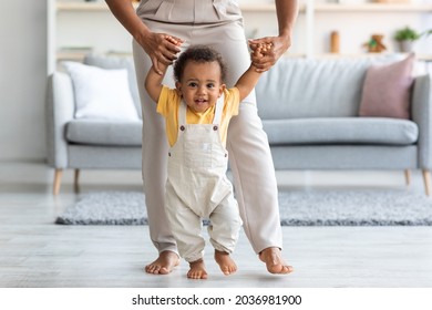 Adorable Black Infant Boy Making First Steps At Home With Mother's Help. Happy Smiling Cute African American Toddler Baby Holding Mom's Hands While Walking In Living Room, Closeup With Copy Space