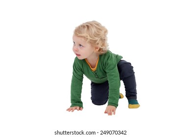 Adorable Blond Baby Standing Up Isolated On A White Background
