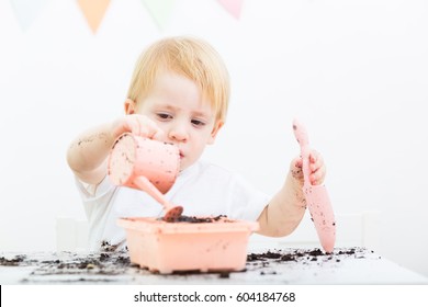 adorable blond baby toddler looking busy playing with soil and planting pots. little child planning seasonal greens indoors - Powered by Shutterstock