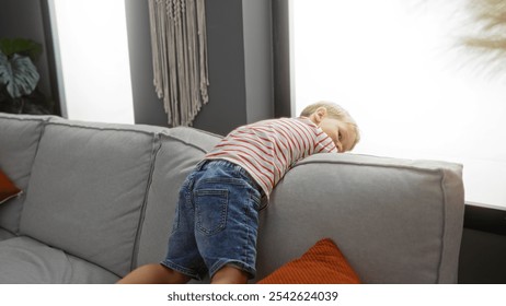 Adorable blond toddler boy climbing on a grey couch in the living room of a home, showcasing childhood curiosity and playful indoor activities with natural light streaming in. - Powered by Shutterstock