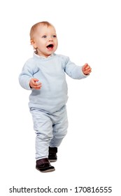 Adorable Blonde Baby Walking Isolated On White Background